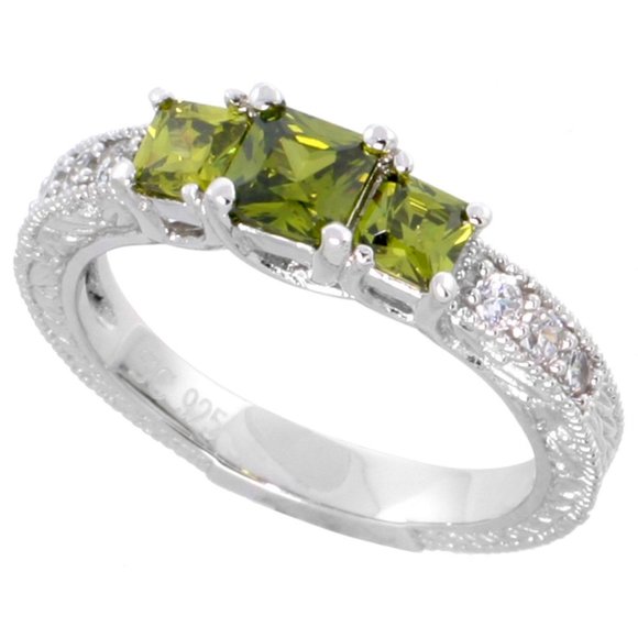 Sterling Silver Peridot CZ Engagement Ring 3 Stone